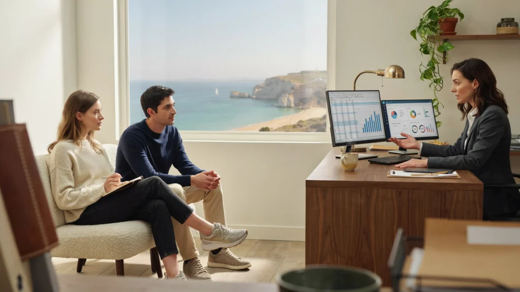 A young couple is listening to their english-speaking accountant in the Algarve