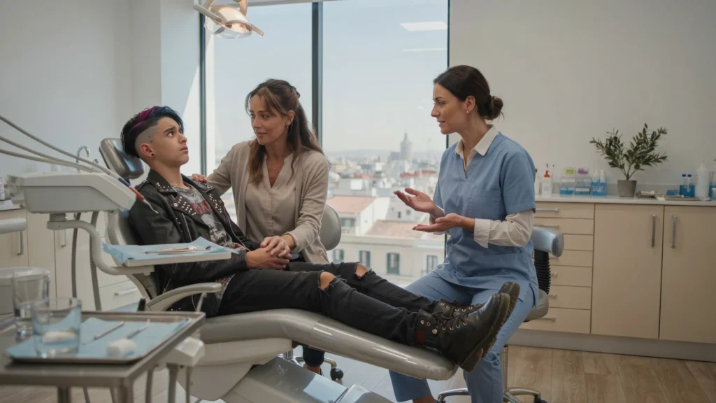 A punk Style teenager looks afraid at his reassuring english-speaking dentist in Madrid