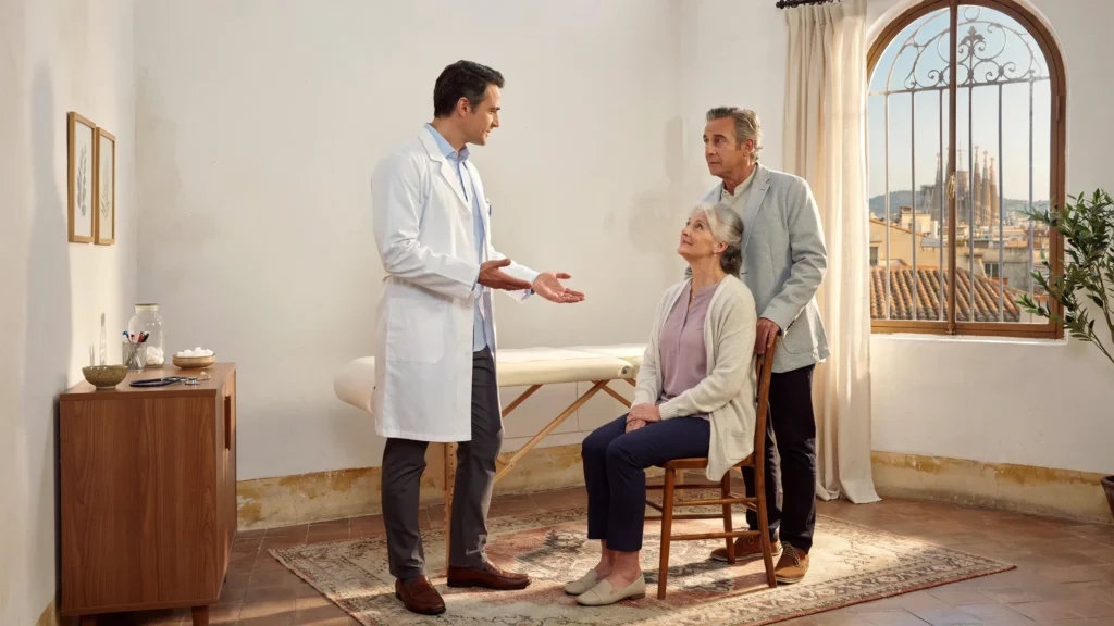 Retired couple visiting their english-speaking doctor in Barcelona