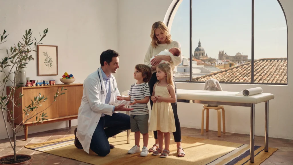 Médecin francophone à Madrid en consultation avec une famille expatriée