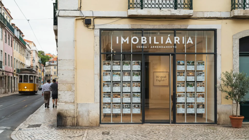The window of a real estate agency in Lisbon with a sign that says "We speak English here."