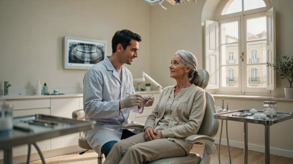 Un dentiste francophone lisboète reçoit une retraitée dans son cabinet pour des soins dentaires