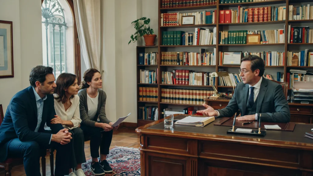 A couple and their daughter are listening attentively to the advice of their French-speaking lawyer from Lisbon.