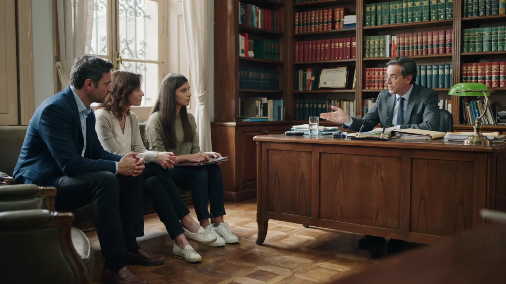 Un couple et leur fille écoutent attentivement les conseils de leur avocat francophone de Lisbonne