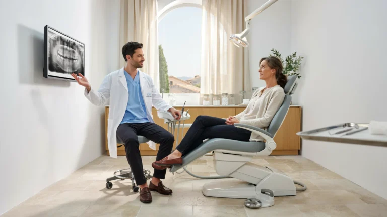 Consultation of a young woman for a dental check-up with an english-speaking dentist in Porto.