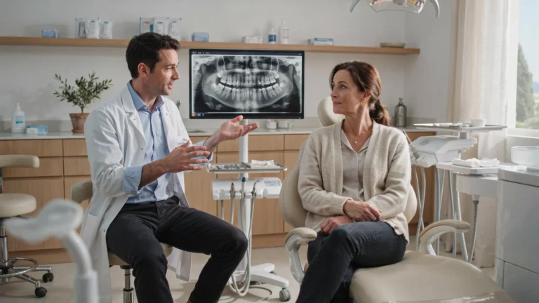 un dentiste francophone de Porto explique le protocole de soins qu'il va lui proposer