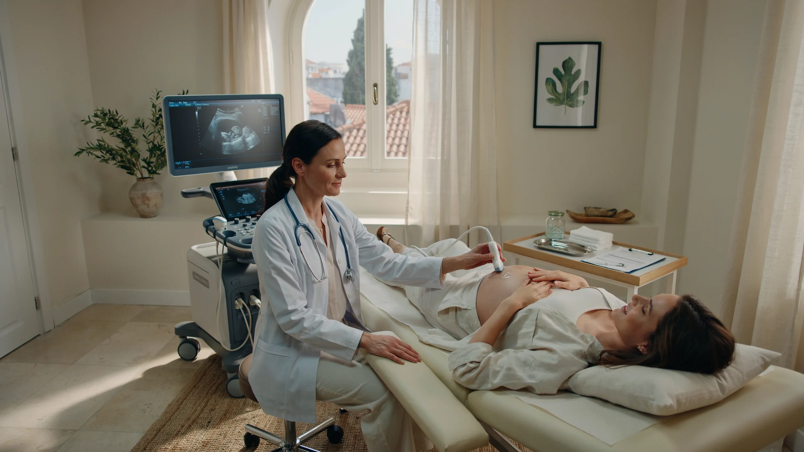 An english-speaking gynecologist in Lisbon performs an ultrasound on a young pregnant woman.