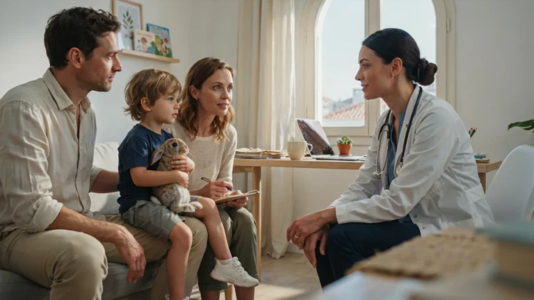 un médecin francophone de Lisbonne donne des conseils de santé à un couple et à leur petit garçon