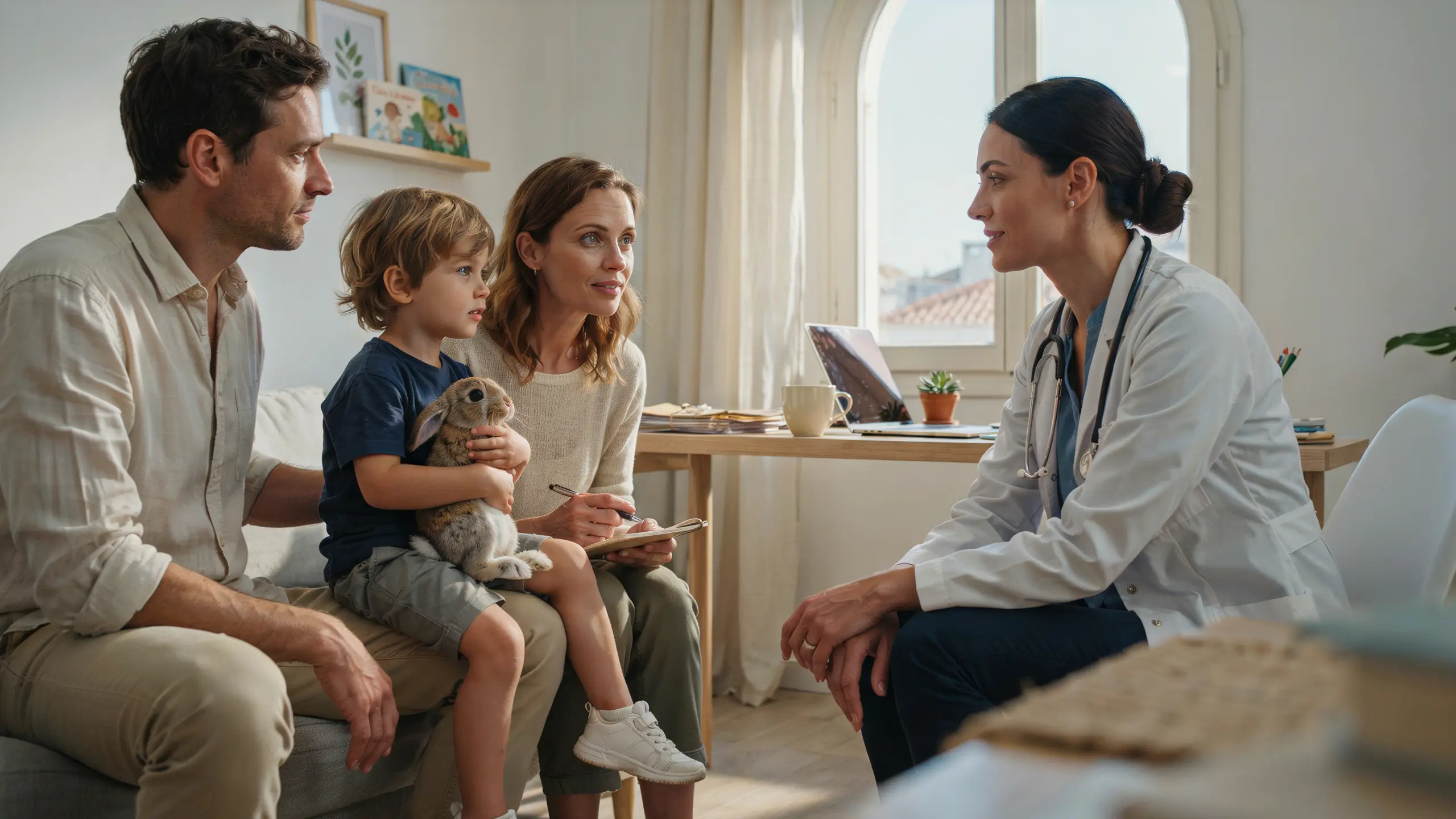 un médecin francophone de Lisbonne donne des conseils de santé à un couple et à leur petit garçon