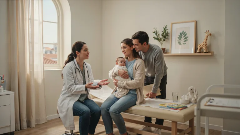 deux parents et leur nouveau-né sont en consultation avec leur pédiatre francophone à Lisbonne