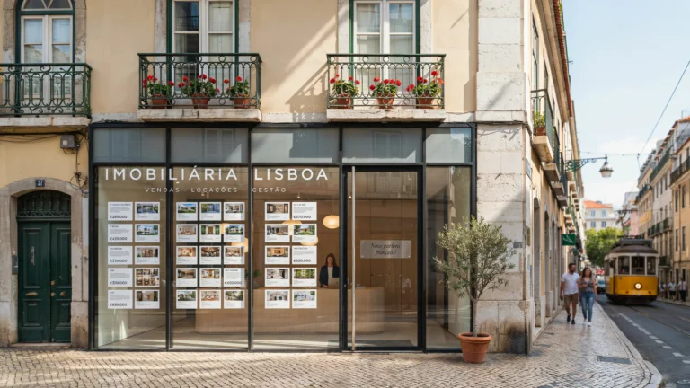 la vitrine d'une agence immobilière à Lisbonne avec une pancarte qui dit Ici on parle français