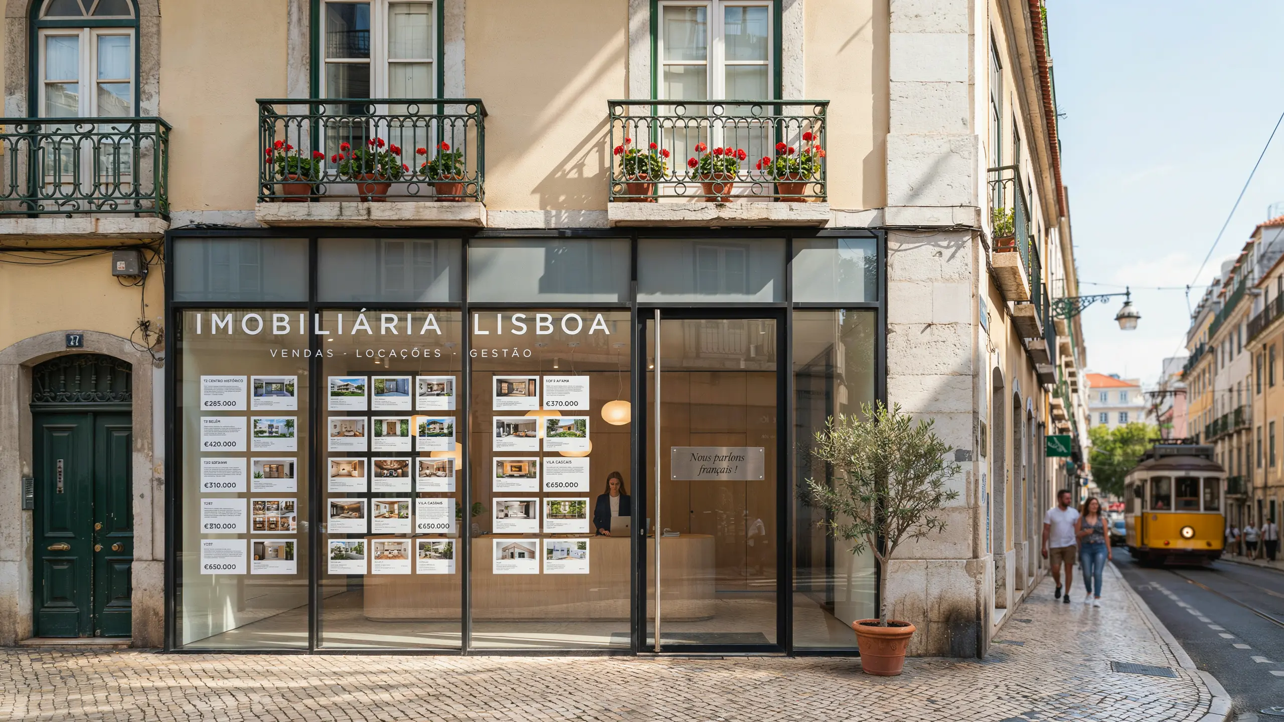 la vitrine d'une agence immobilière à Lisbonne avec une pancarte qui dit Ici on parle français