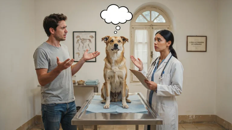 An owner and his dog at an english-speaking vet's in Lisbon... the owner doesn't know how to explain himself in Portuguese.
